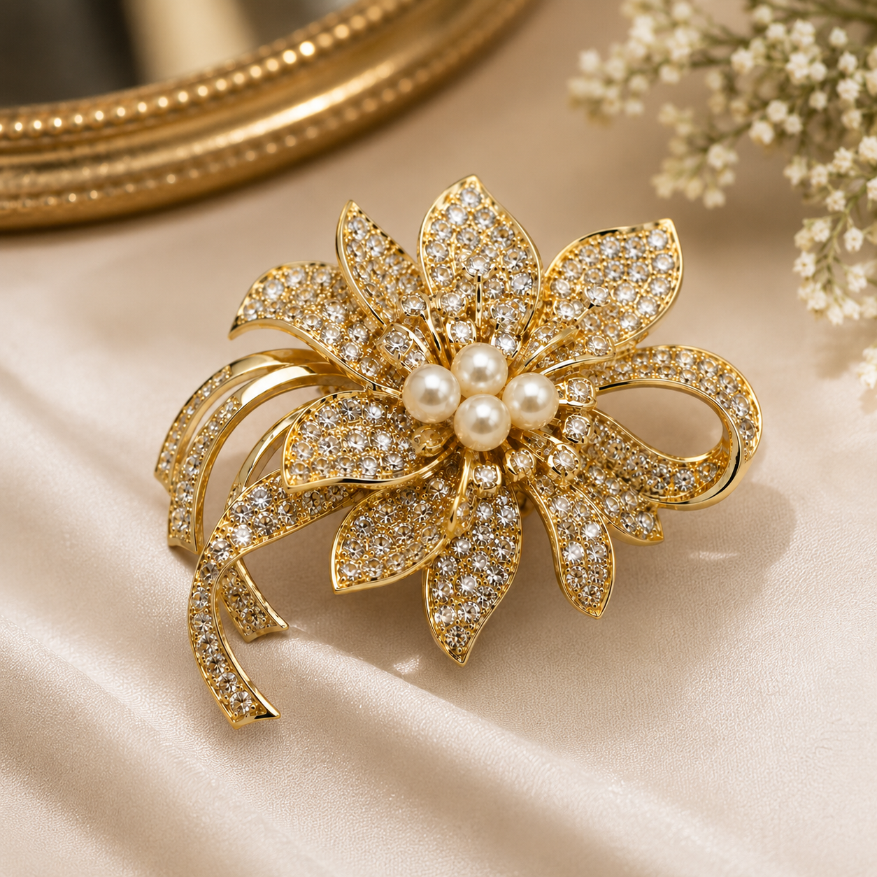 gold floral brooch featuring sparkling crystal-encrusted petals and pearl center accents, styled on soft champagne satin fabric