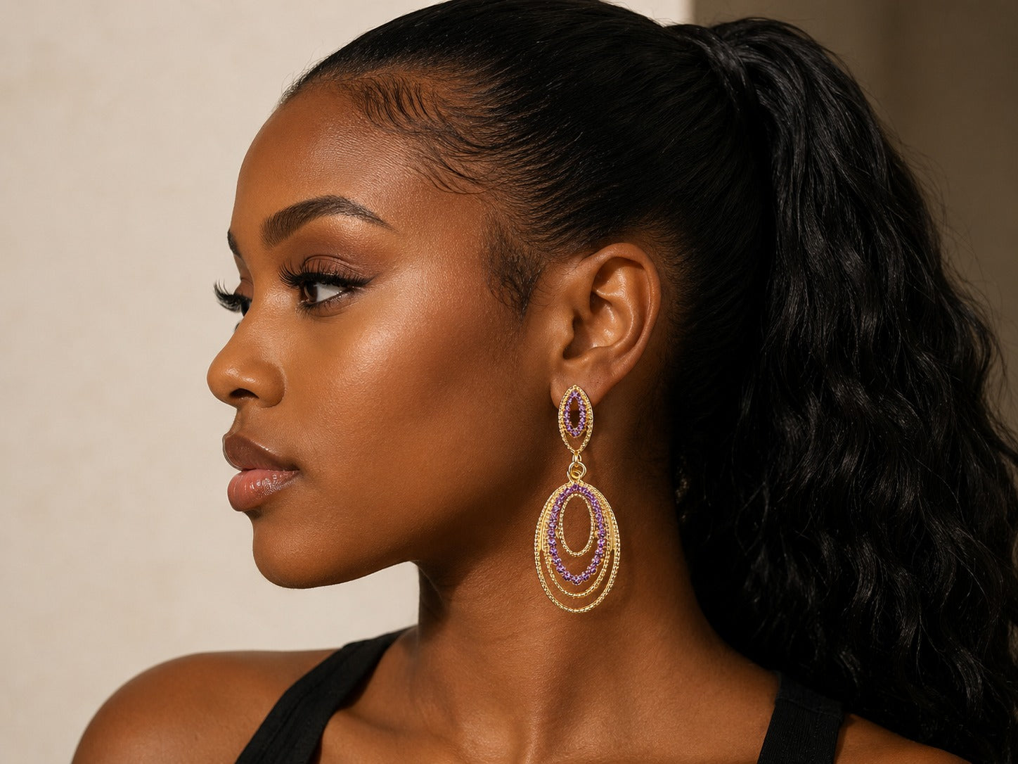 Gold Purple Rhinestone Oval Drop Earrings