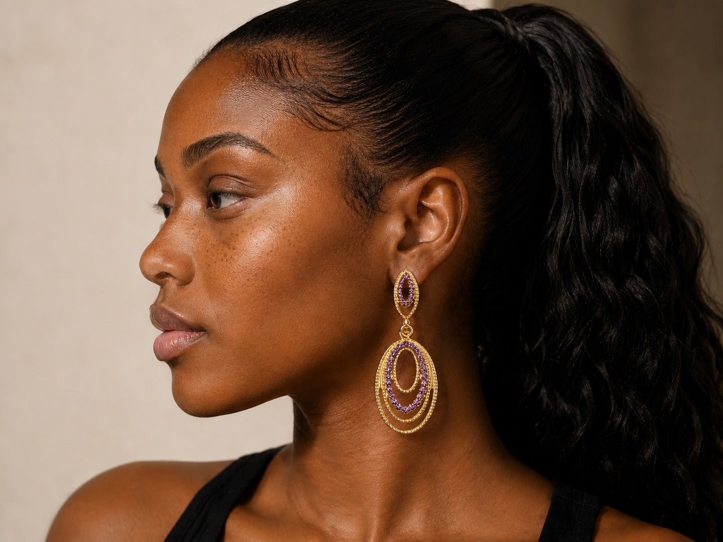 Gold Purple Rhinestone Oval Drop Earrings