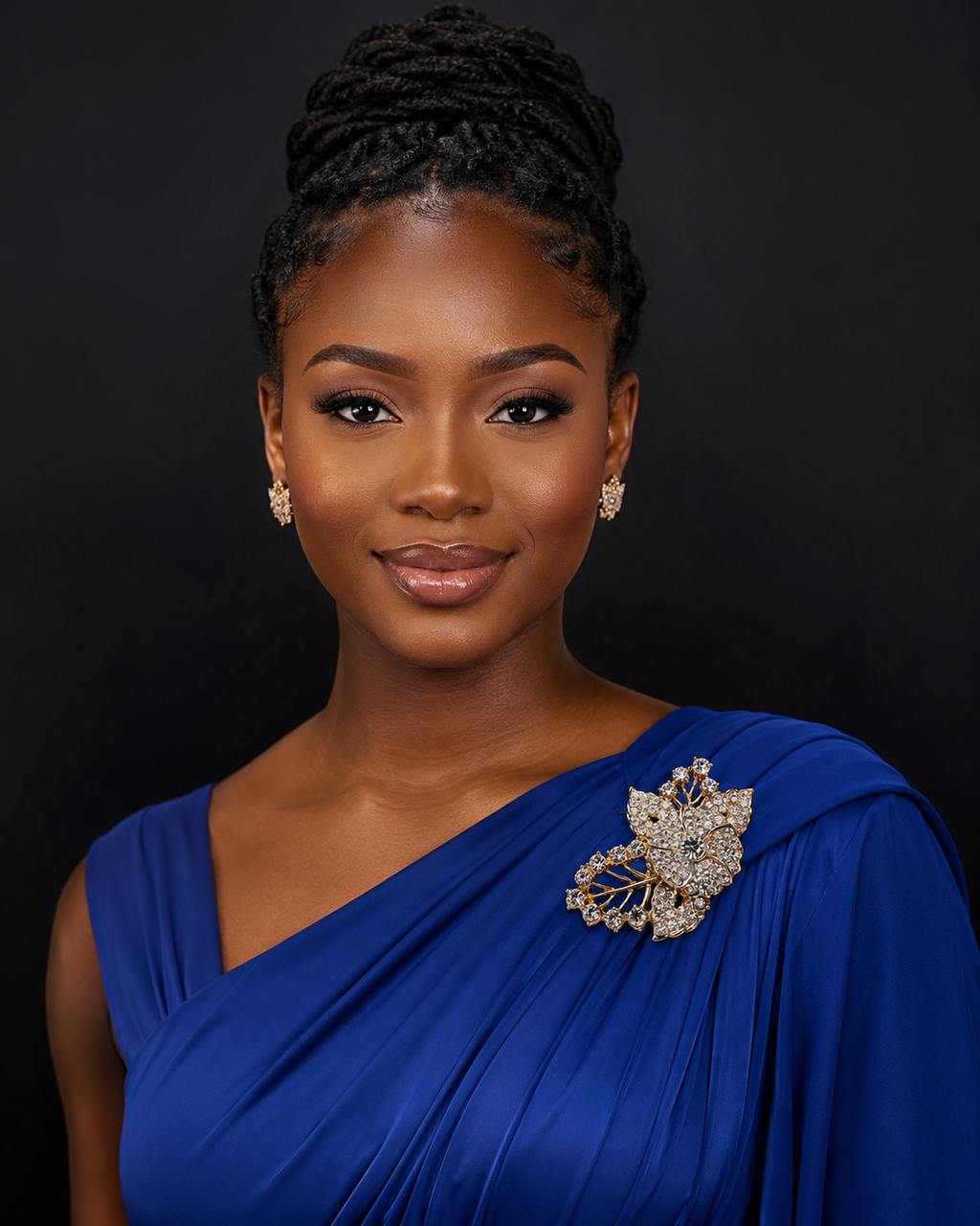 Woman wearing a blue dress with a decorative brooch against a black background