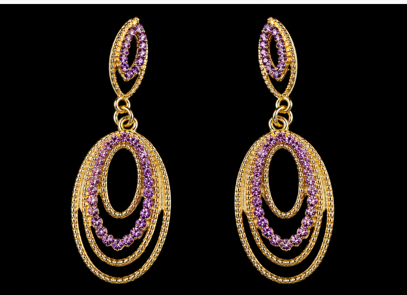 Gold Purple Rhinestone Oval Drop Earrings